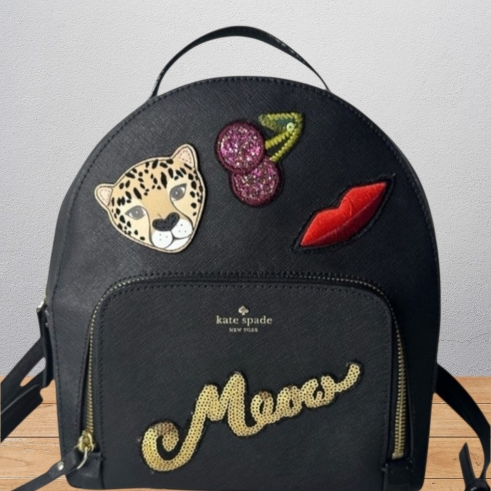 Kate Spade Meow Cat Novelty Backpack Leopard Cherry Black Leather
